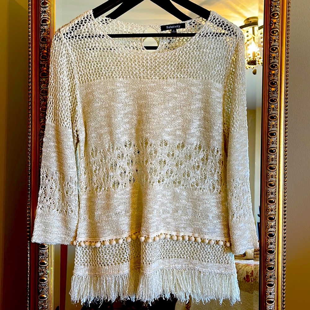 RELATIVITY NWOT FRINGED CROCHET OPEN KNIT POM POM SUMMER SWEATER W GOLD SHIMMER - Picture 3 of 11